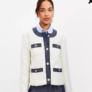 Loft Women's White and Blue Tweed Jacket